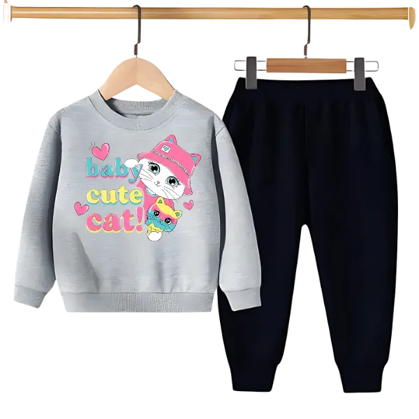 BABY CUTE CAT PRINTED SWEATSHIRT SET