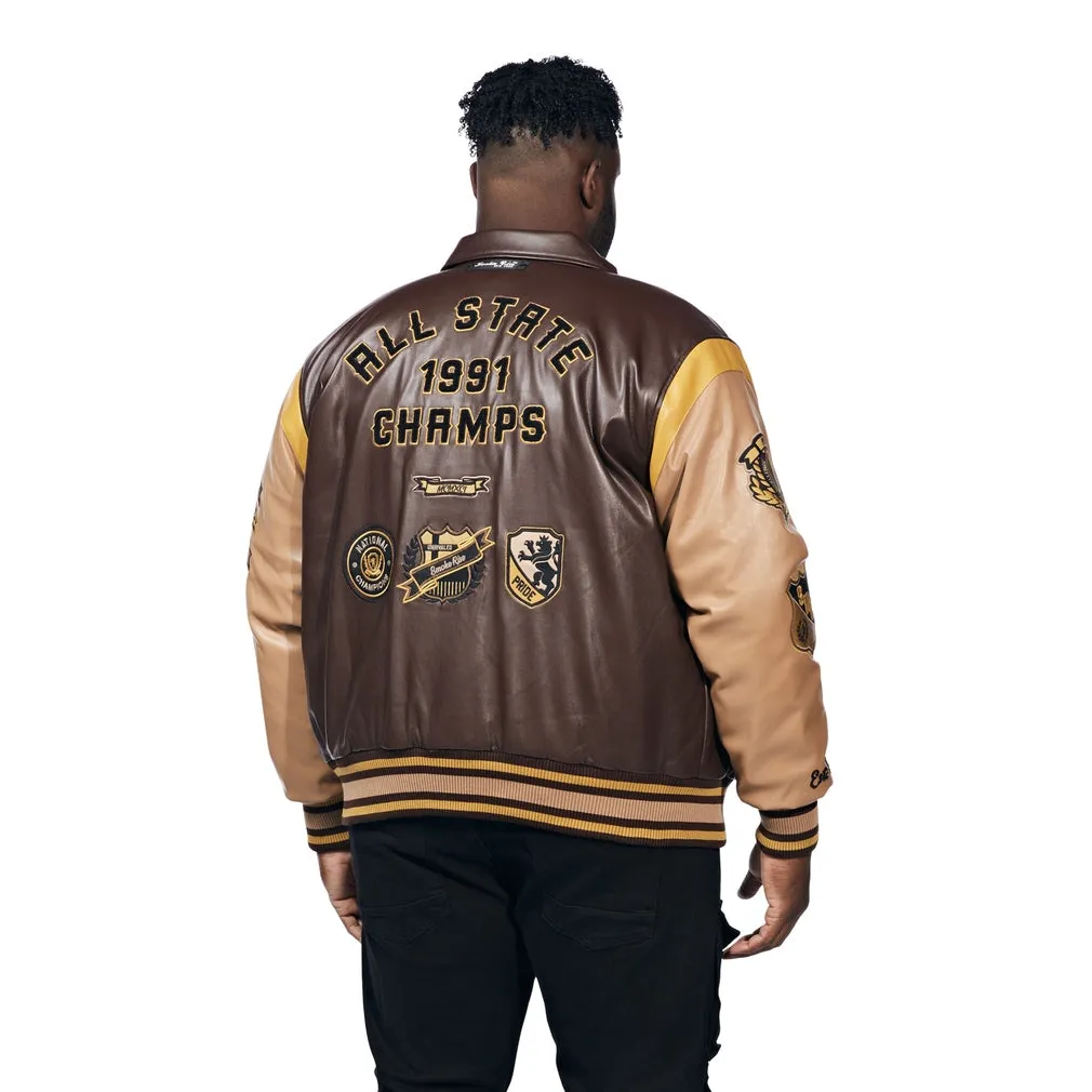 Big And Tall Vegan Leather  Varsity Jacket - Brown