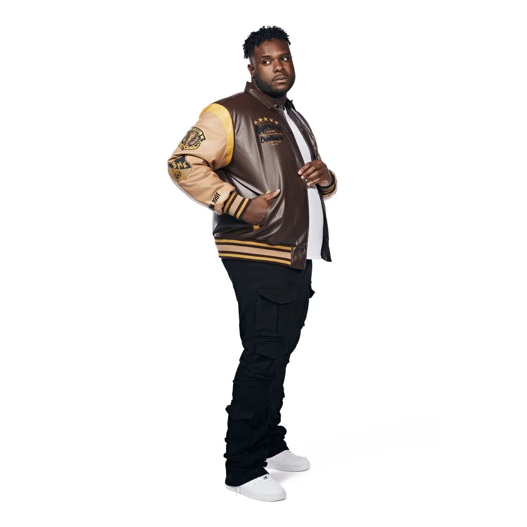 Big And Tall Vegan Leather  Varsity Jacket - Brown