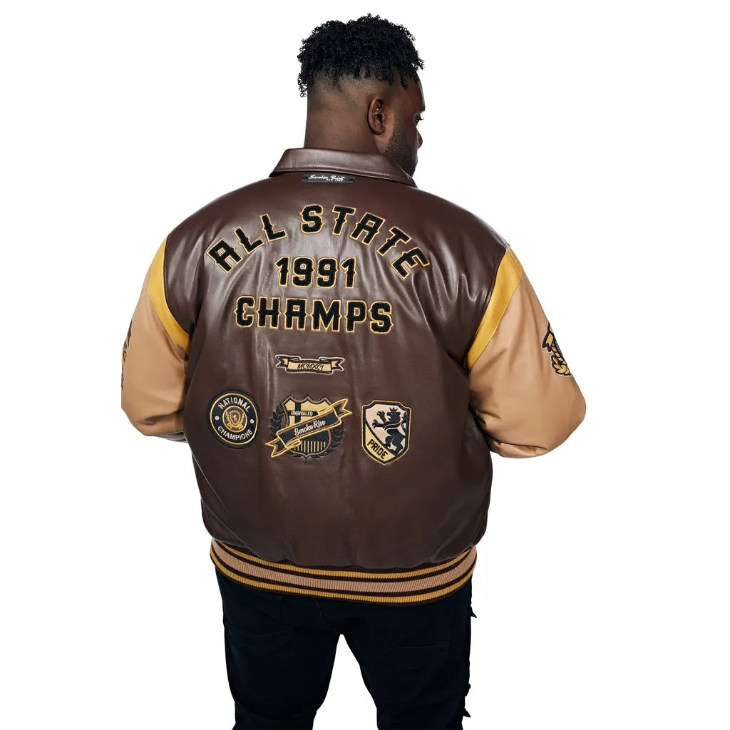 Big And Tall Vegan Leather  Varsity Jacket - Brown