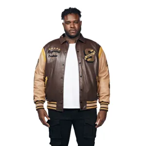 Big And Tall Vegan Leather  Varsity Jacket - Brown