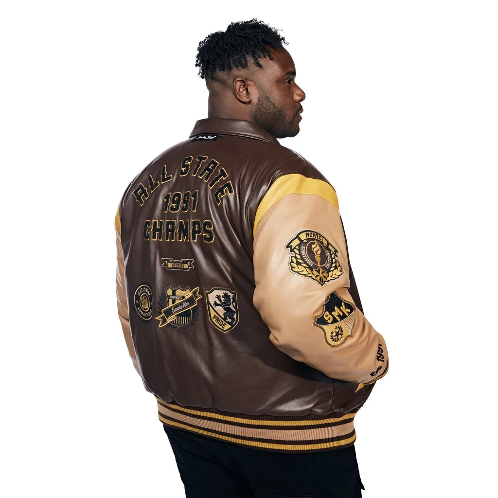 Big And Tall Vegan Leather  Varsity Jacket - Brown