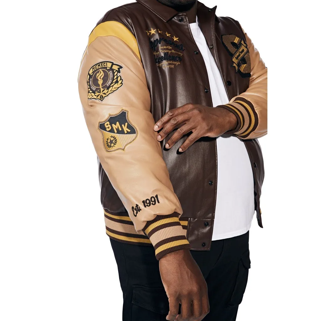 Big And Tall Vegan Leather  Varsity Jacket - Brown