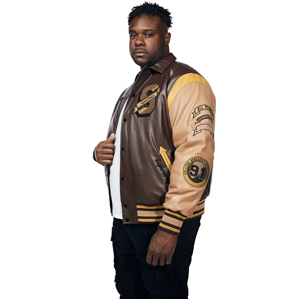 Big And Tall Vegan Leather  Varsity Jacket - Brown