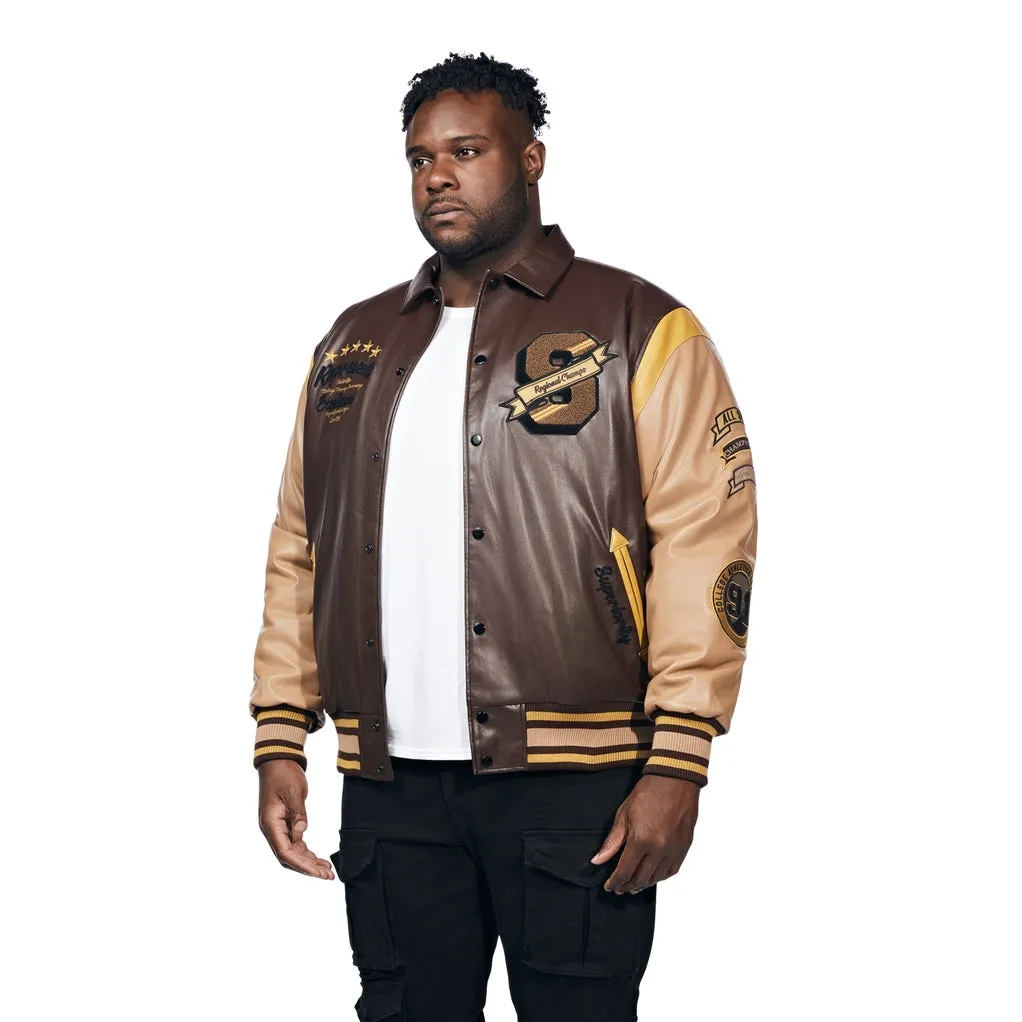 Big And Tall Vegan Leather  Varsity Jacket - Brown