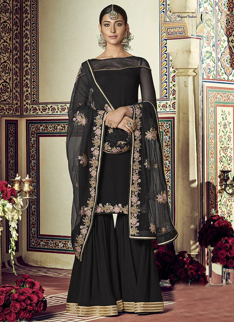 Black Golden Embroidered Designer Gharara Suit