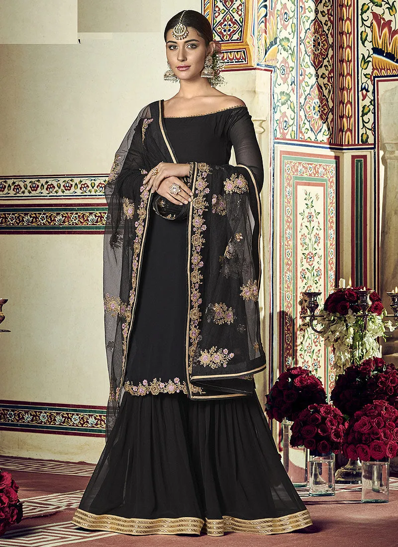 Black Golden Embroidered Designer Gharara Suit