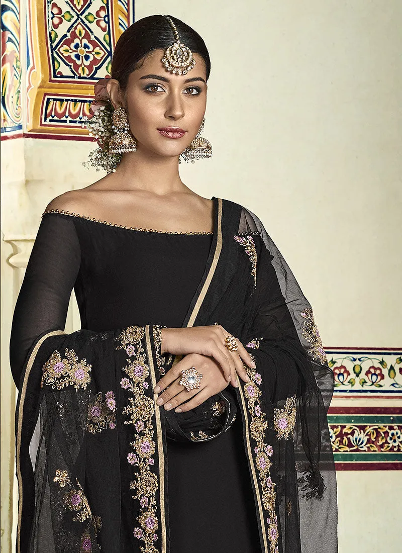 Black Golden Embroidered Designer Gharara Suit