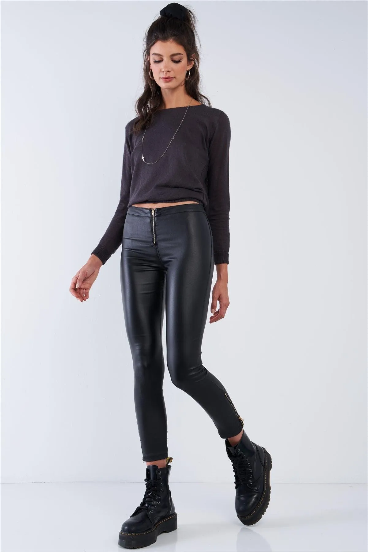 Black Vegan Leather High Waisted Slim Fit Front Zipper Detail Pants /2-2-2