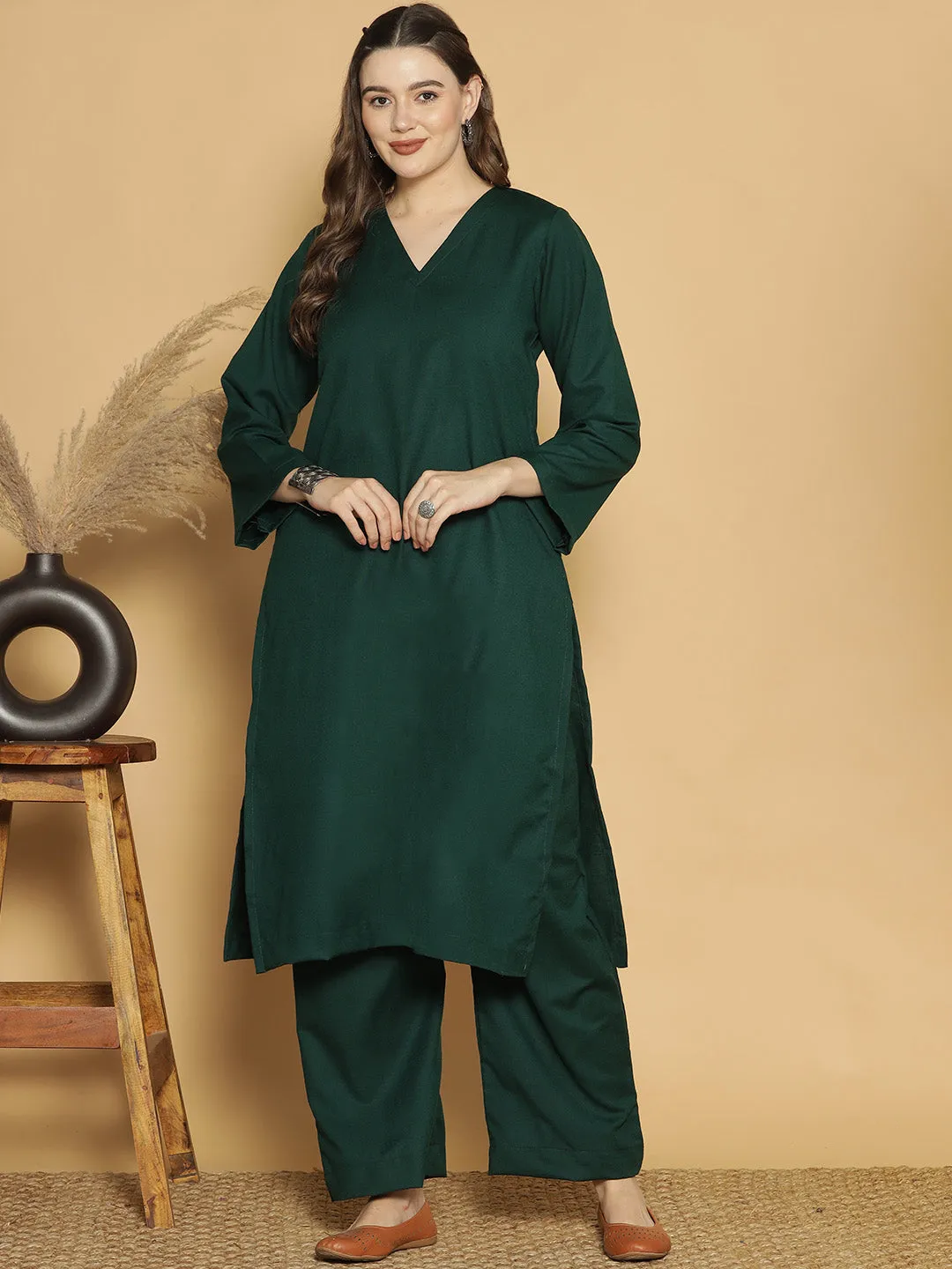 BottleGreen Acrylic LongKurta - Solid