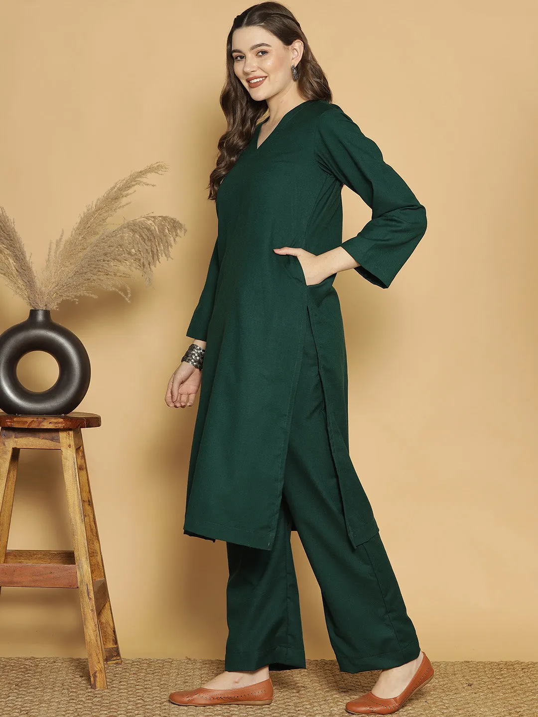 BottleGreen Acrylic LongKurta - Solid