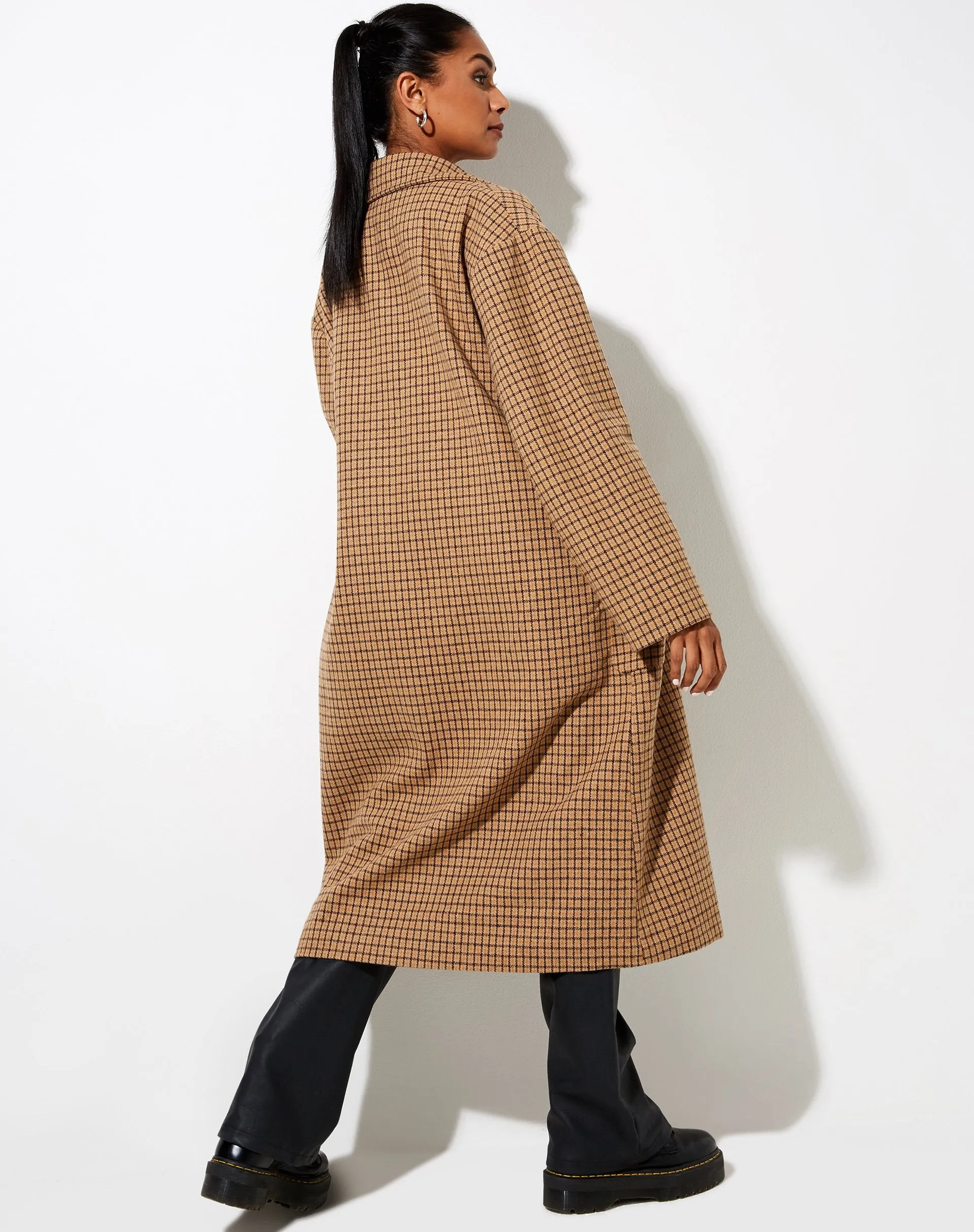 Duster Coat in Houndstooth Brown Check