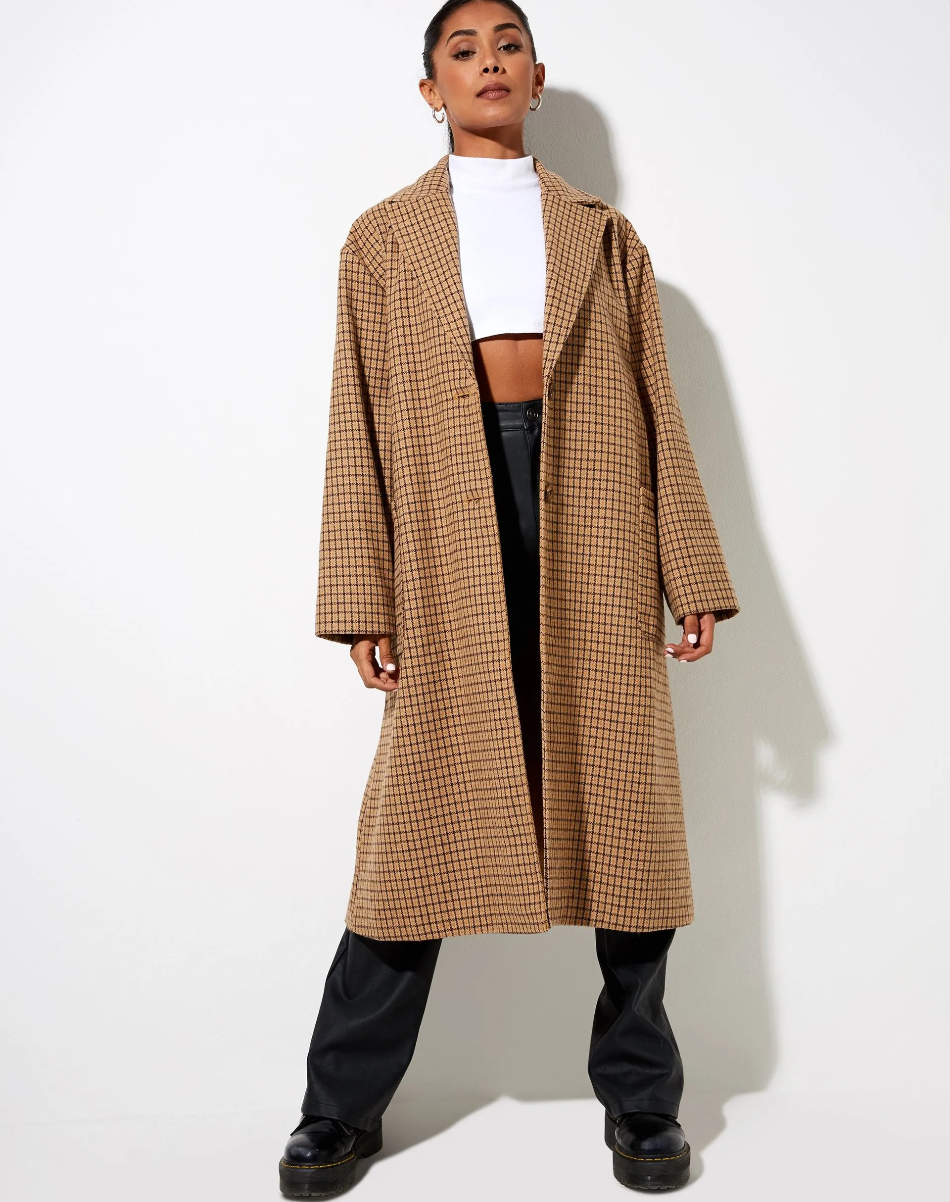 Duster Coat in Houndstooth Brown Check