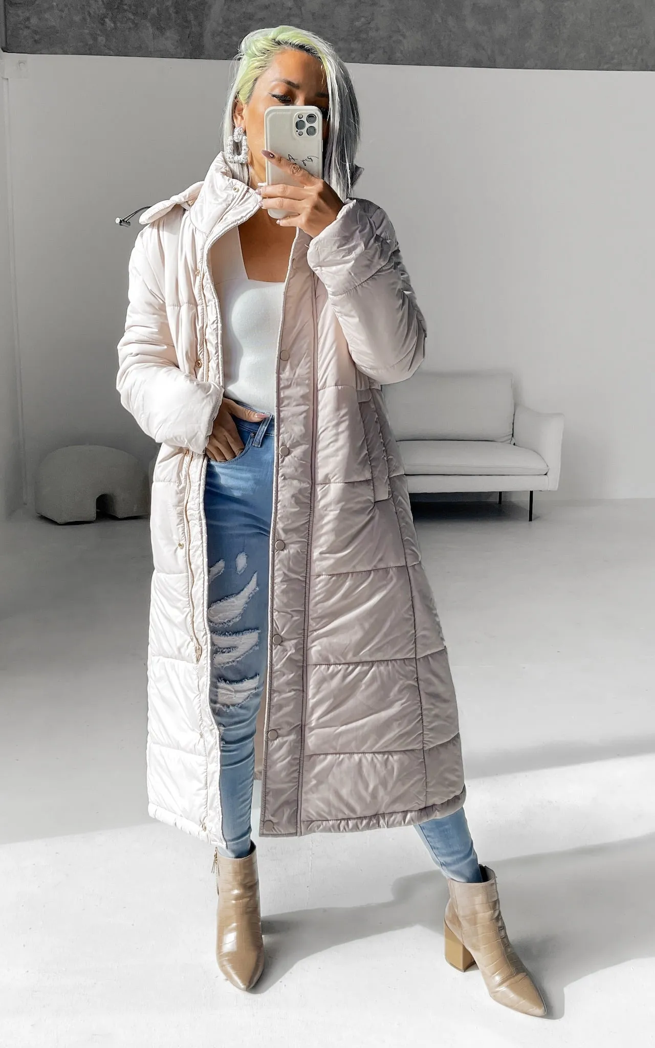 Eve Longline Puffer Coat - Beige