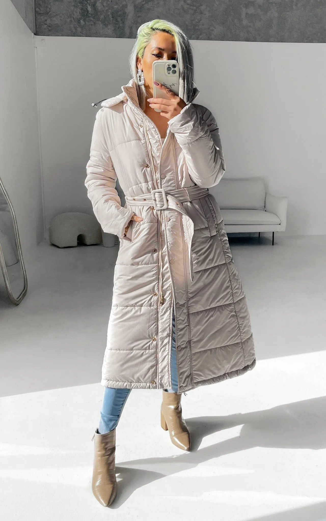 Eve Longline Puffer Coat - Beige