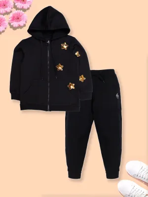 Girls Fleece Full Sleeves Heart Appliques Front Zip Opening Hooded Sweatshirt With Joggers