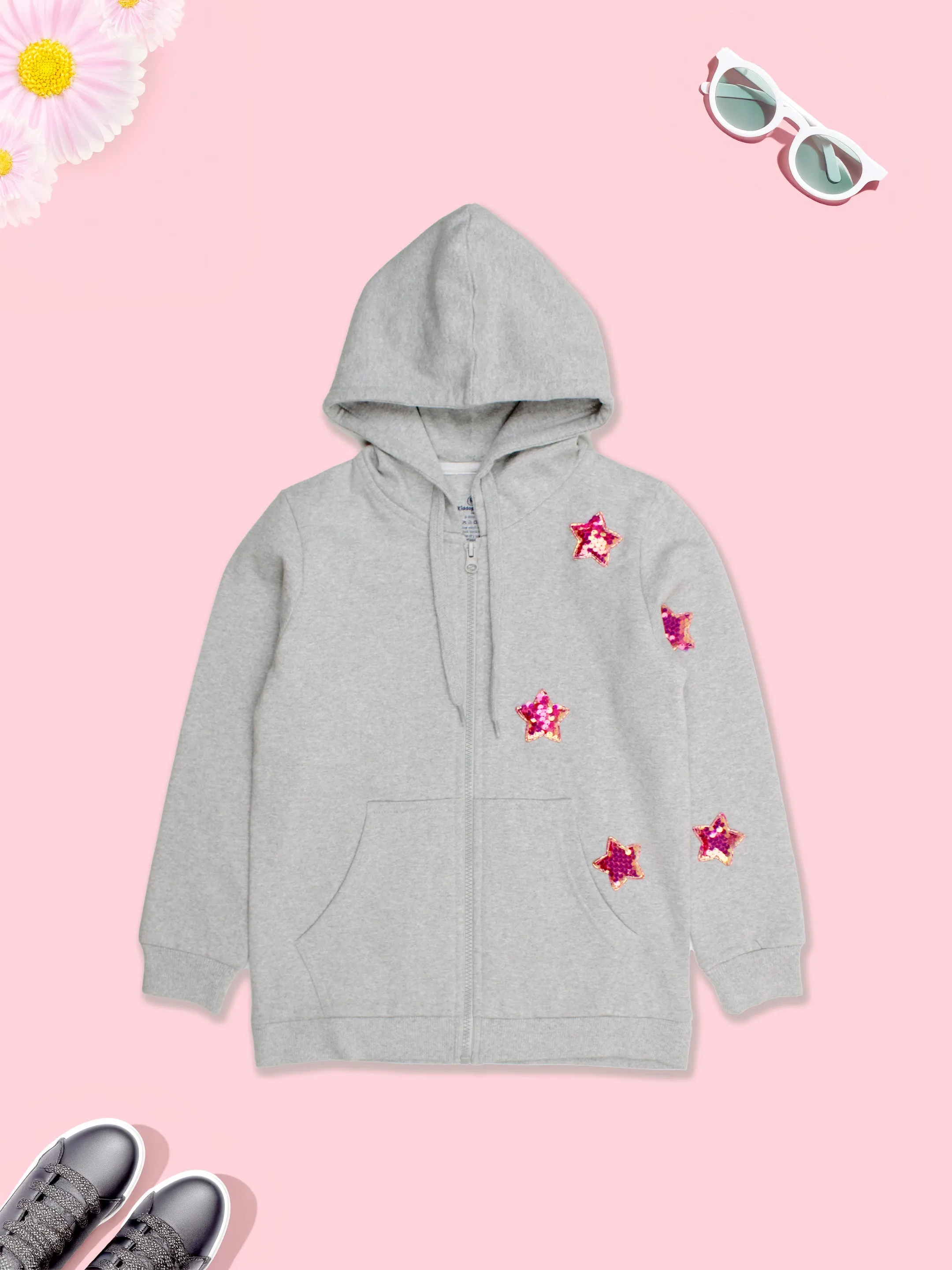 Girls Fleece Full Sleeves Heart Appliques Front Zip Opening Hooded Sweatshirt With Joggers