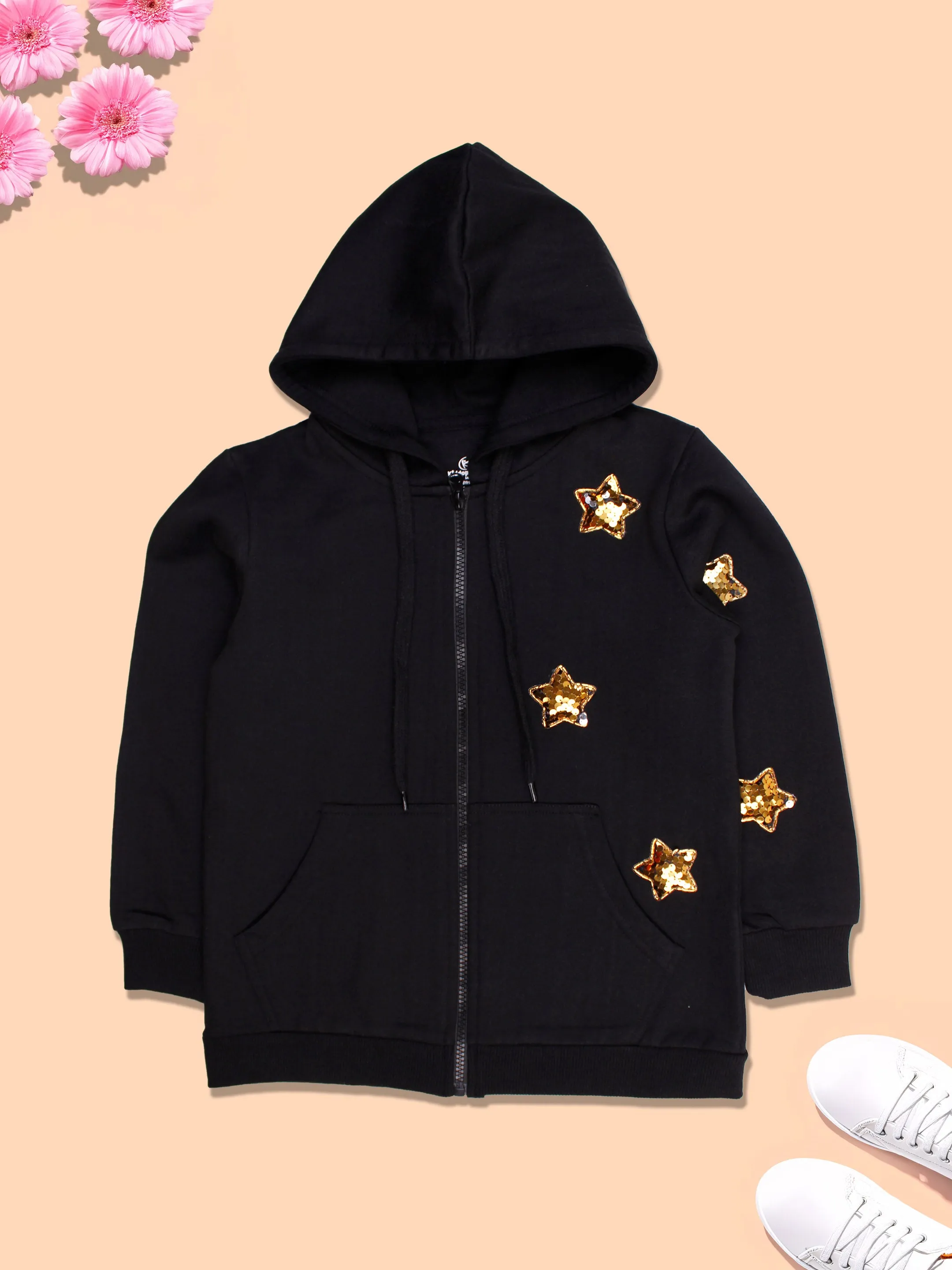 Girls Fleece Full Sleeves Heart Appliques Front Zip Opening Hooded Sweatshirt With Joggers