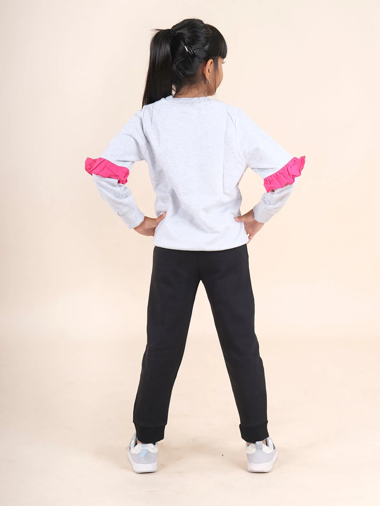 Girls Fleece Printed Ruffle Full Sleeve Sweatshirt With Solid Track Pant Set