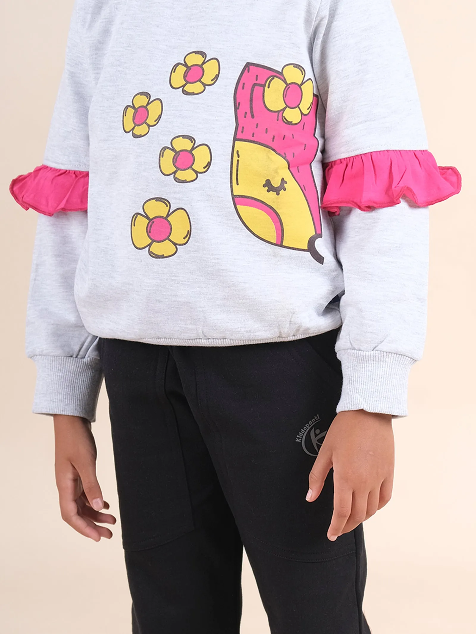 Girls Fleece Printed Ruffle Full Sleeve Sweatshirt With Solid Track Pant Set