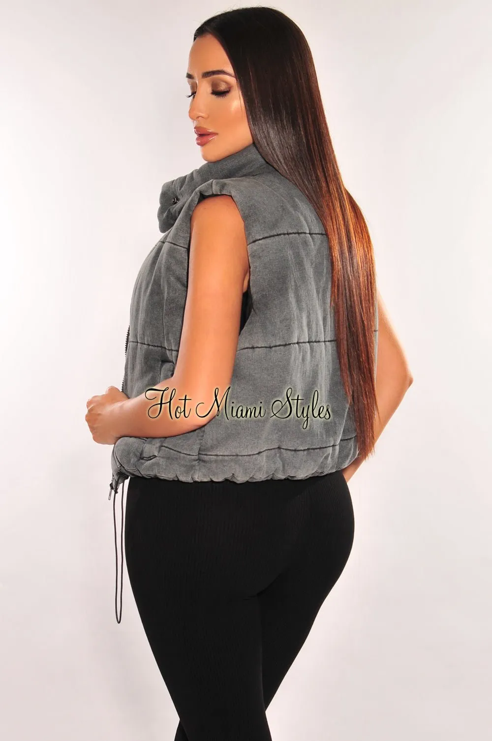 Gray Denim Wash Sleeveless Collared Puffer Cropped Vest