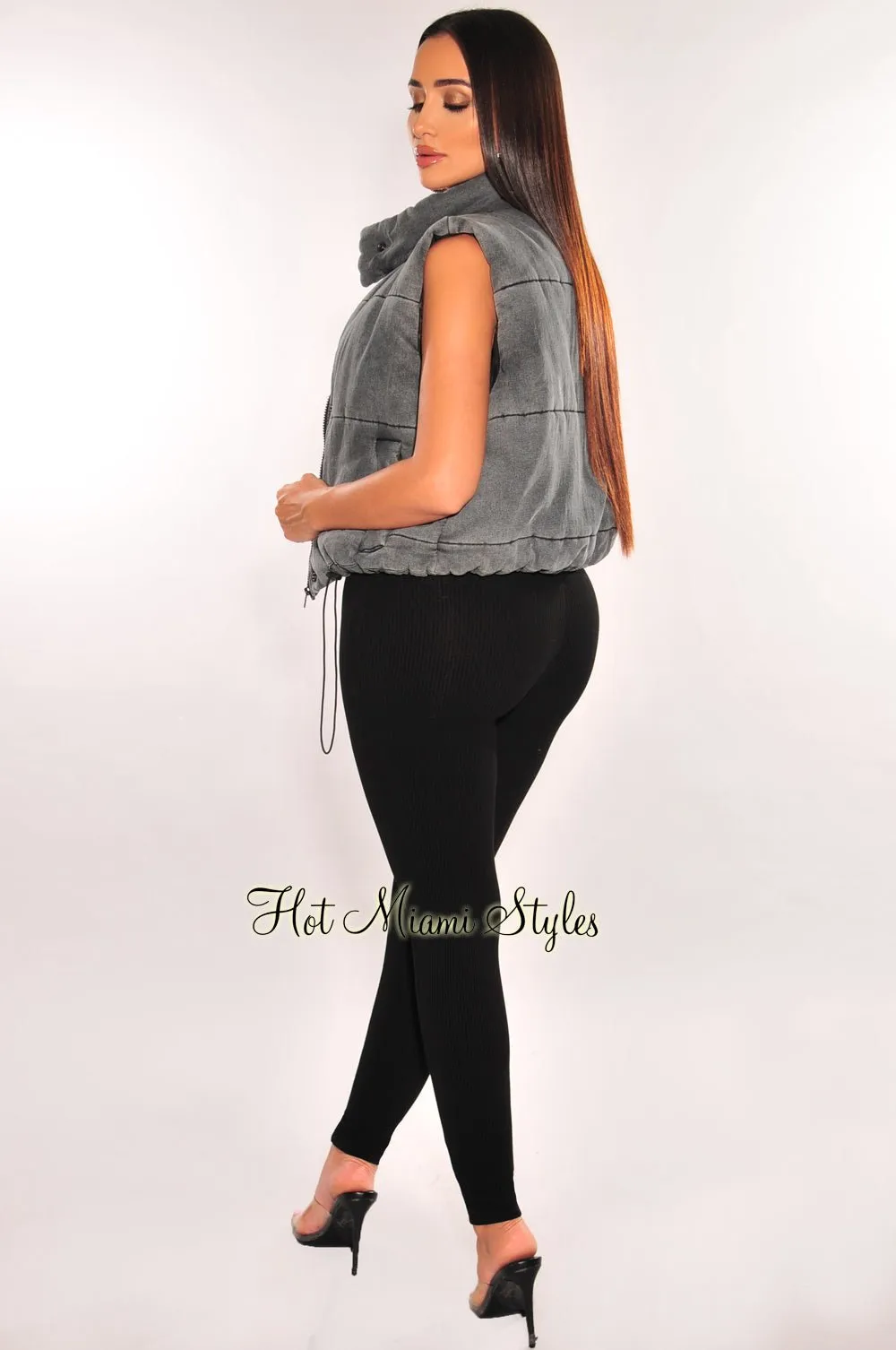 Gray Denim Wash Sleeveless Collared Puffer Cropped Vest