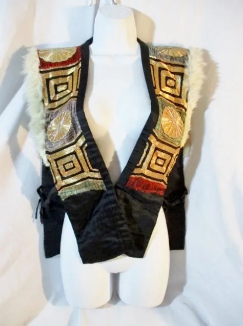 Handmade Ethnic Panel Embroidered Vest BLACK GOLD Genuinine Fur Leather WOW!