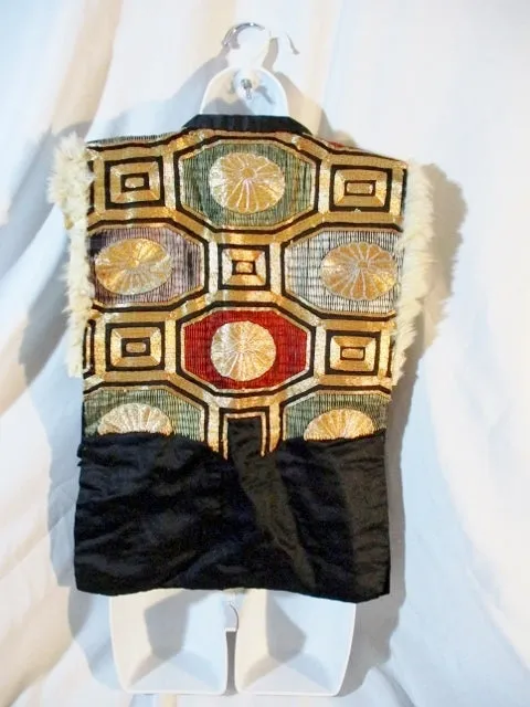 Handmade Ethnic Panel Embroidered Vest BLACK GOLD Genuinine Fur Leather WOW!