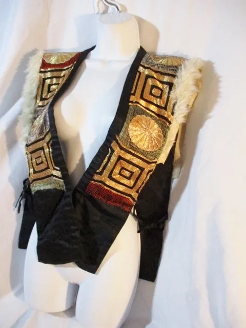 Handmade Ethnic Panel Embroidered Vest BLACK GOLD Genuinine Fur Leather WOW!