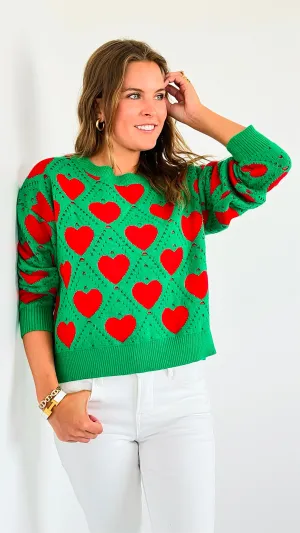 Hearts Knit Sweater-Green