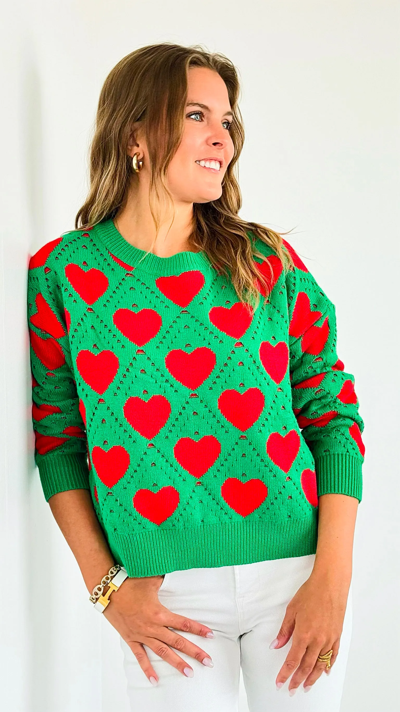 Hearts Knit Sweater-Green