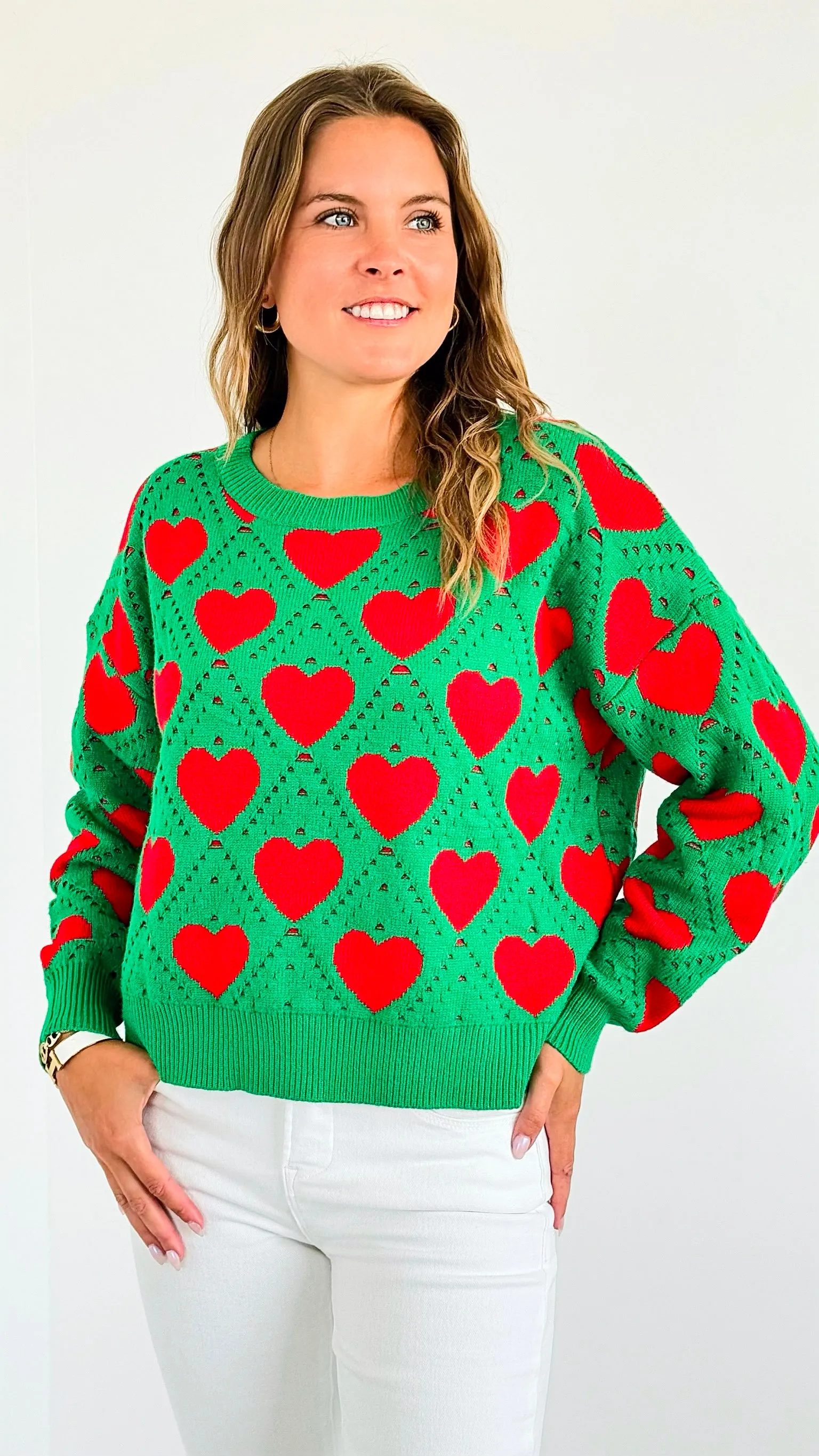 Hearts Knit Sweater-Green