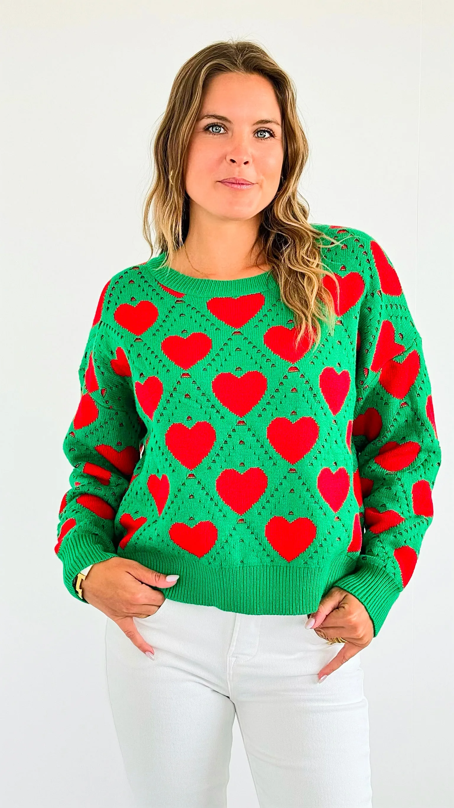 Hearts Knit Sweater-Green