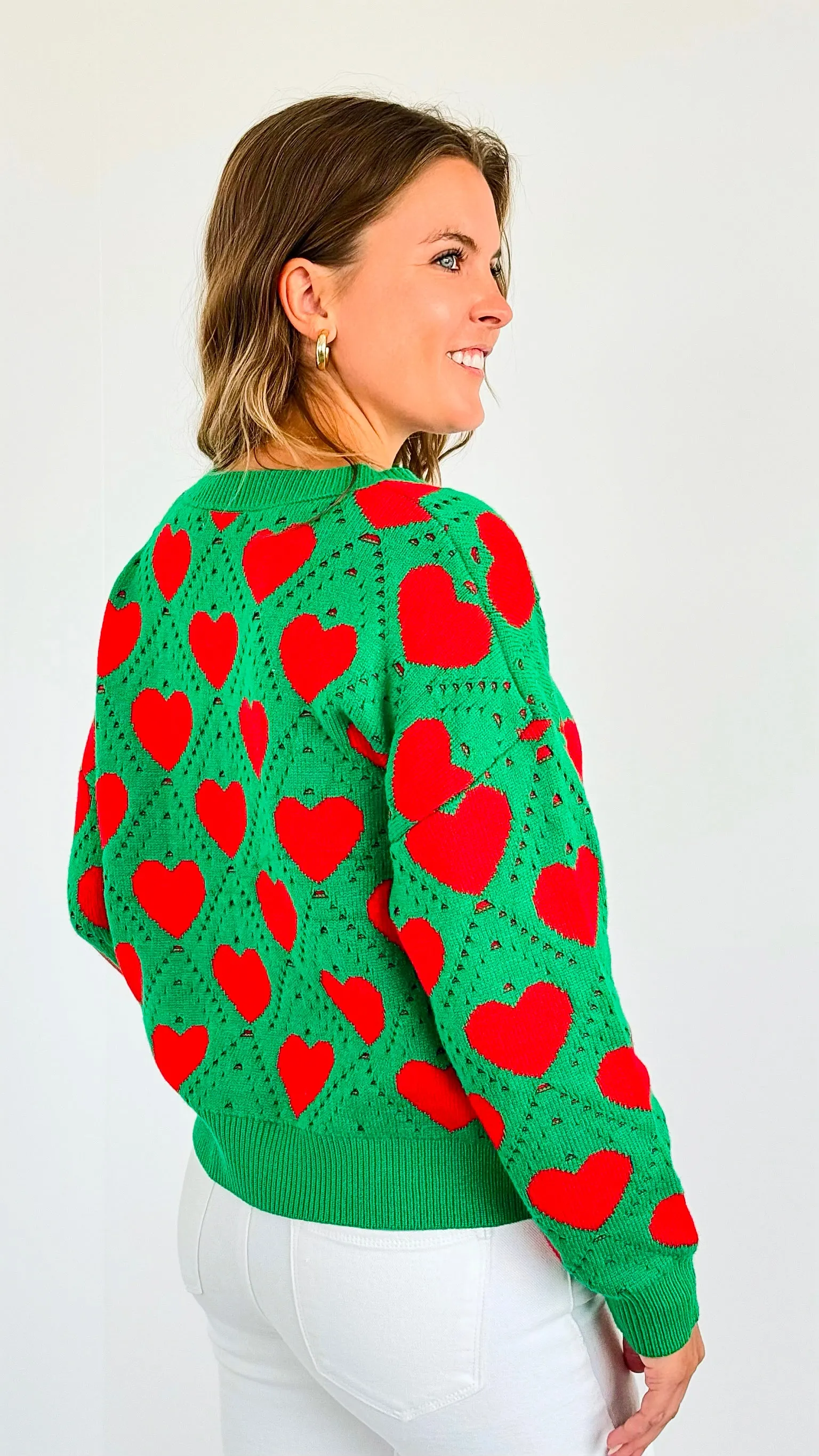 Hearts Knit Sweater-Green