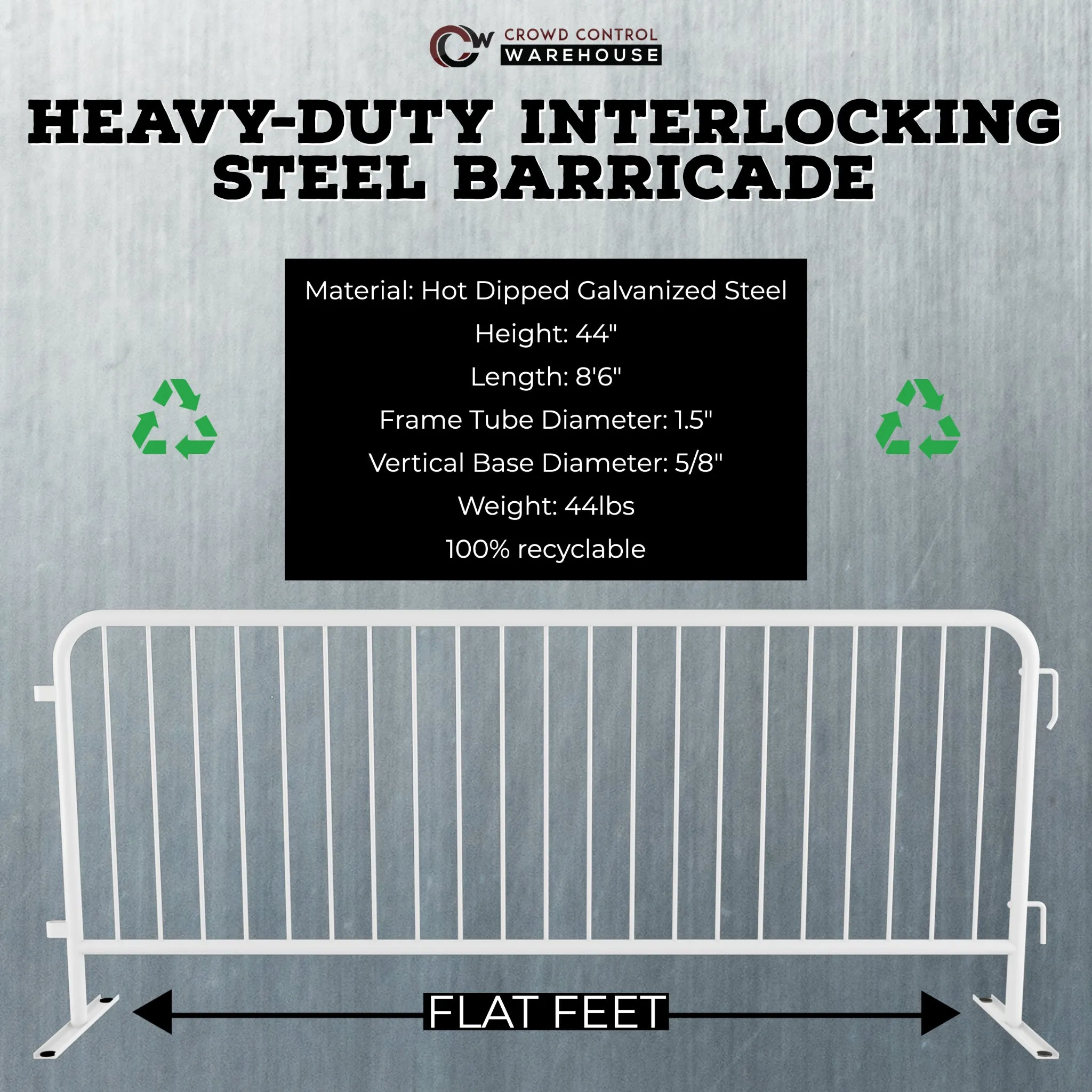 Heavy Duty Interlocking Steel Barricade, 8.5 Ft., White - Angry Bull Barricades