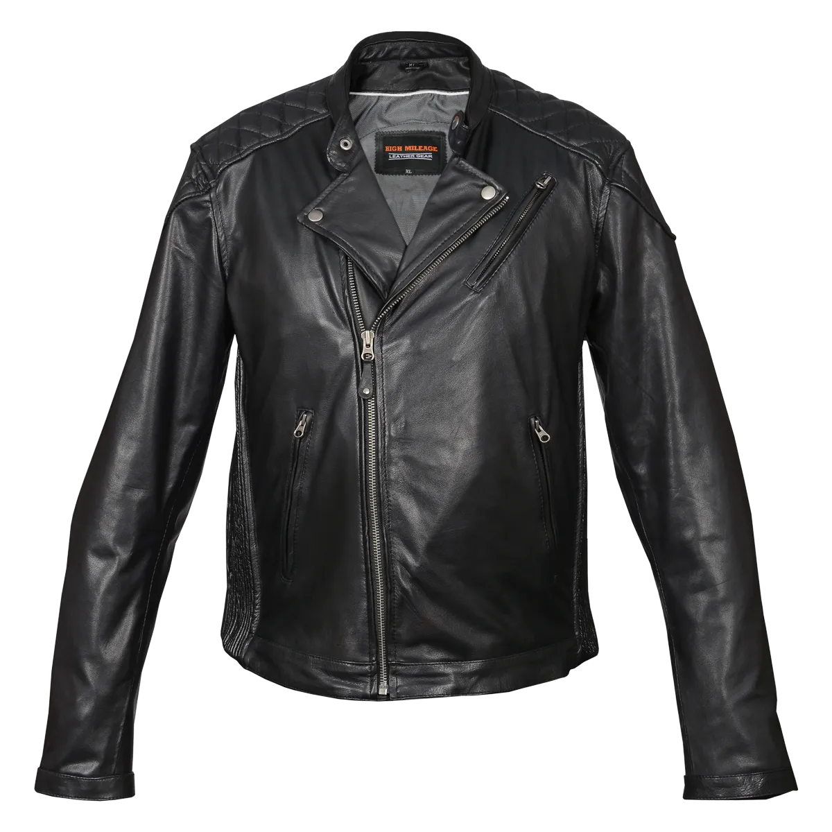 HMM521 High Mileage Men's Black Leather Jacket with Diamond Stitched Shoulders