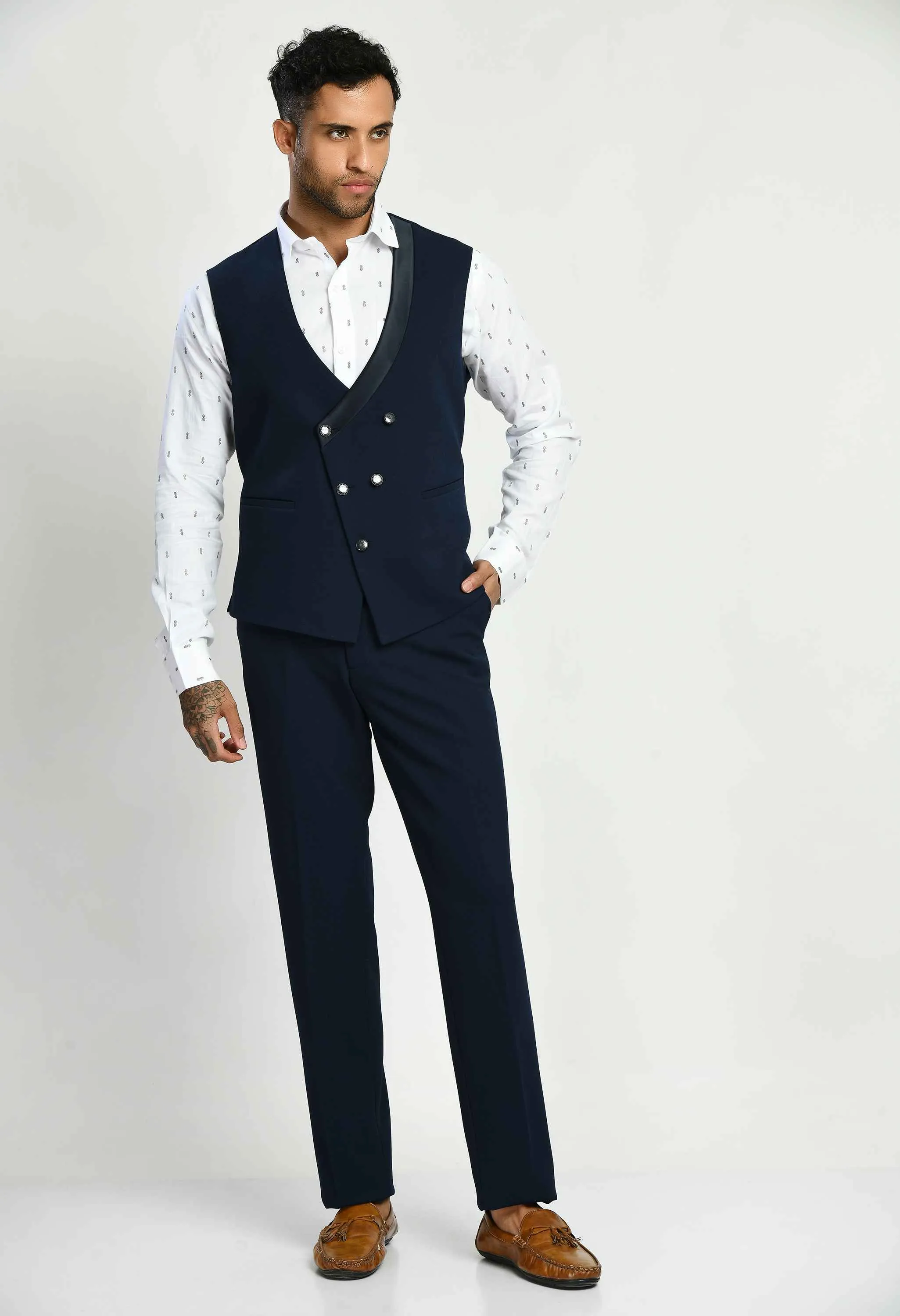 Knitted Navy Blue Self Design Suit