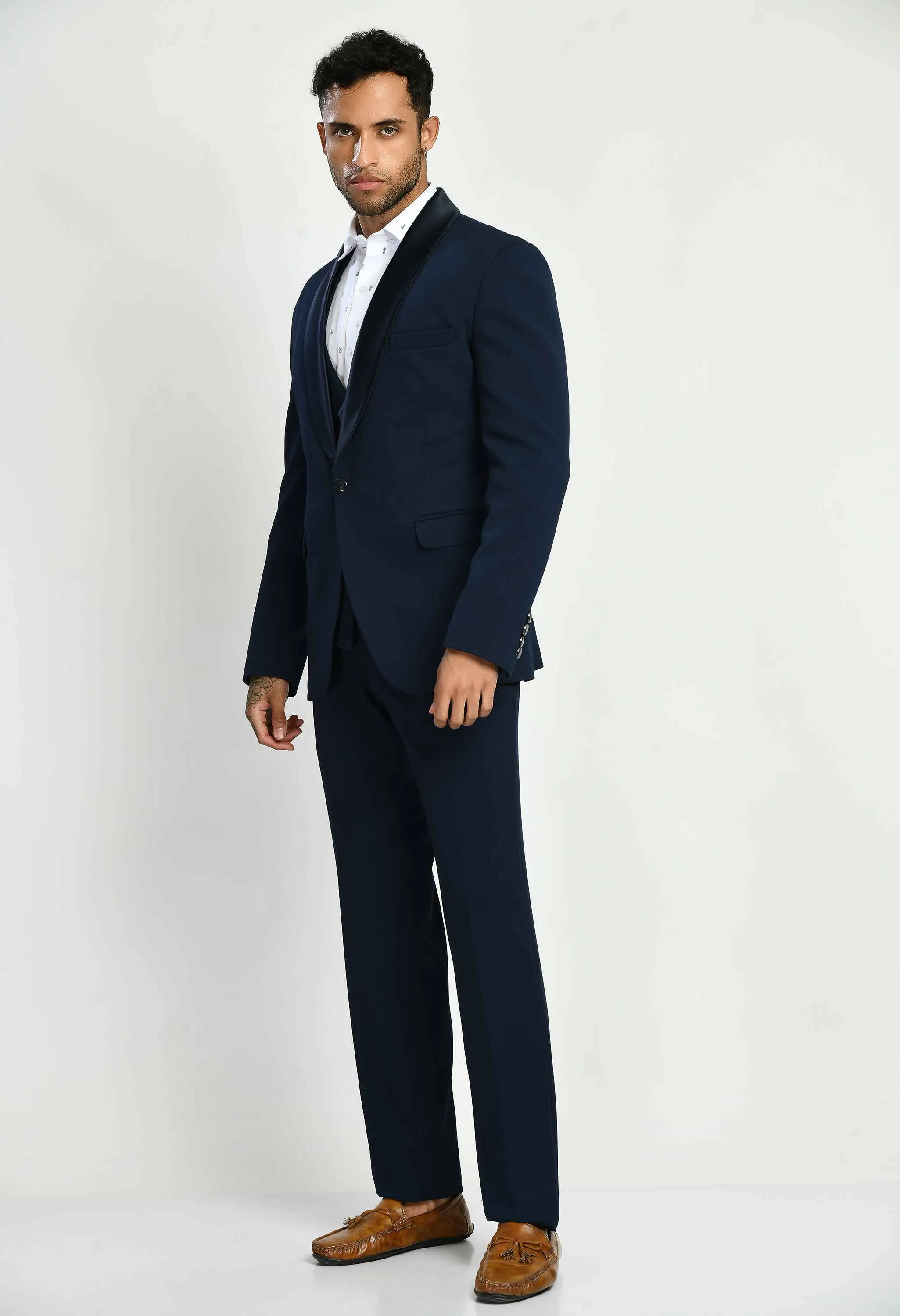 Knitted Navy Blue Self Design Suit