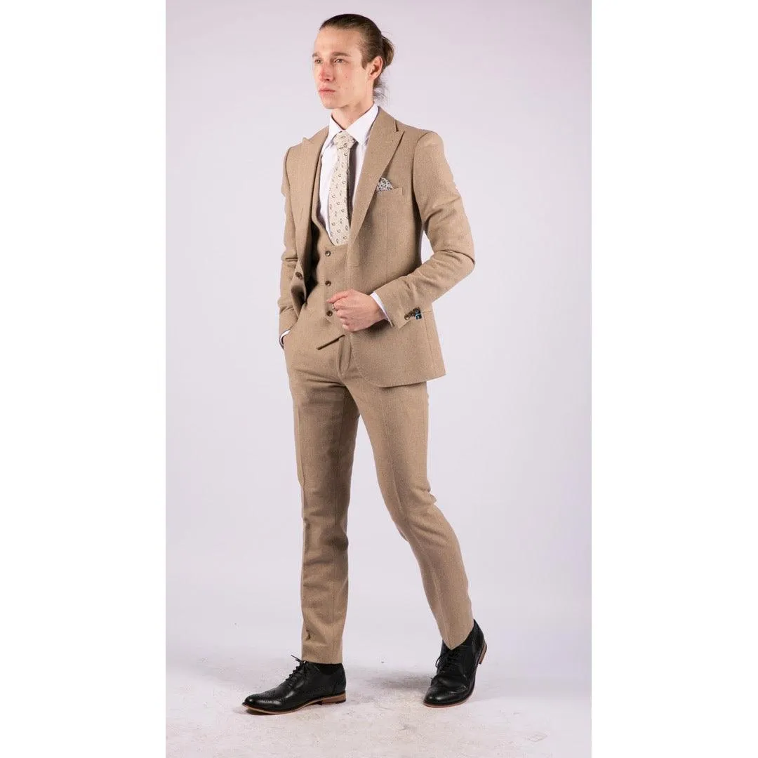 Men 3 Piece Suit Tan Brown Double Breasted