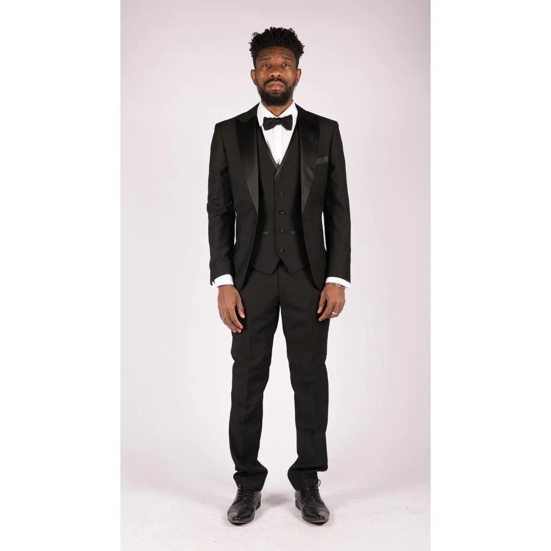 Mens 3 Piece Black Classic Satin Tuxedo Dinner Suit Tailored Fit Wedding Prom