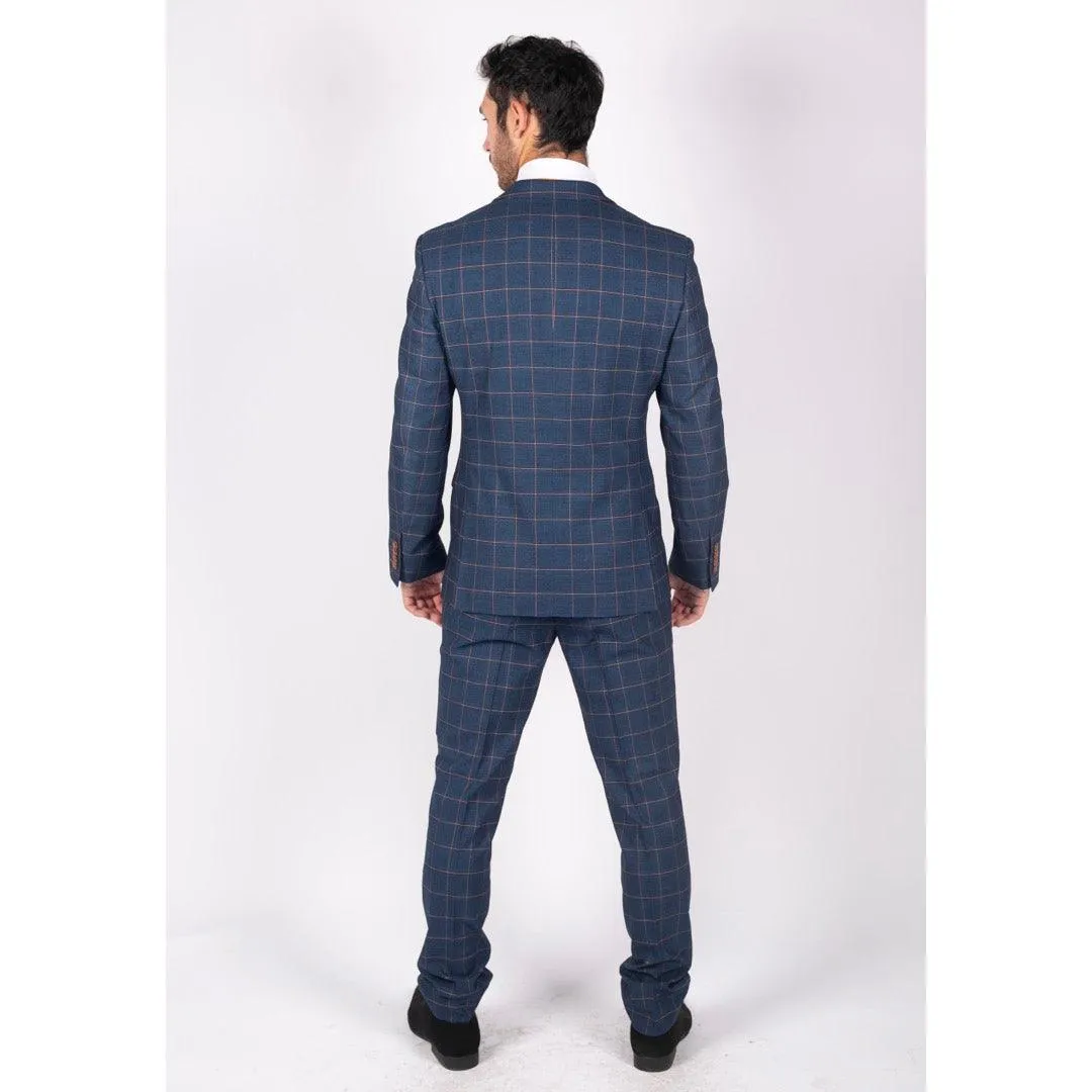 Mens 3 Piece Blue Orange Check Suit Retro Smart Tailored Fit Vintage