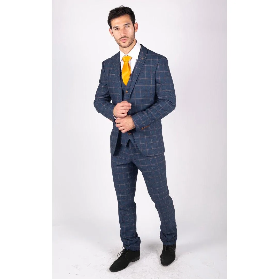 Mens 3 Piece Blue Orange Check Suit Retro Smart Tailored Fit Vintage