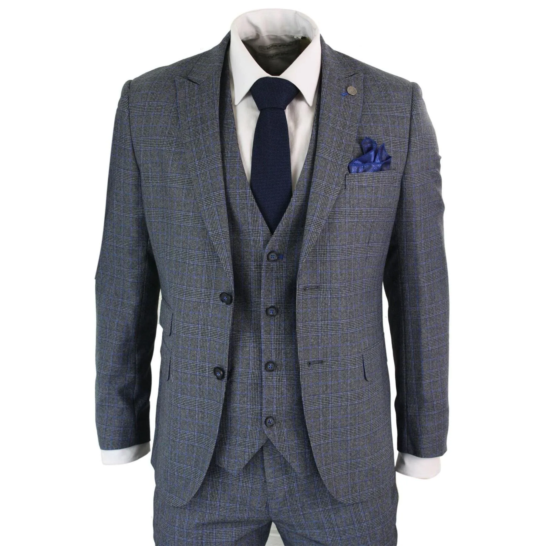 Mens 3 Piece Tailored Fit Prince Of Wales Check Grey Blue Tweed Suit Vintage Retro