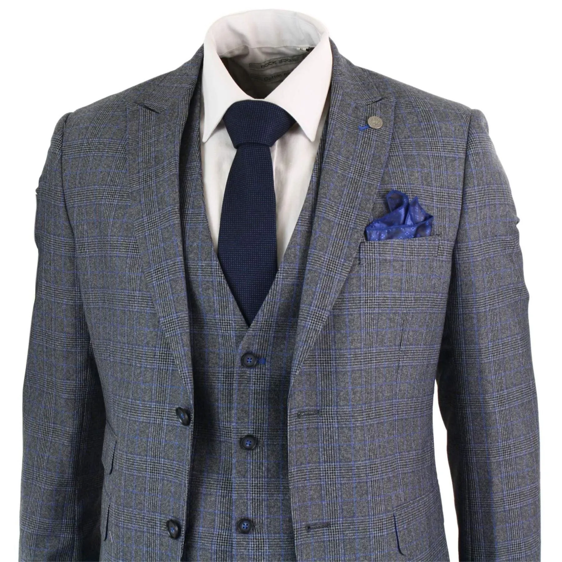 Mens 3 Piece Tailored Fit Prince Of Wales Check Grey Blue Tweed Suit Vintage Retro