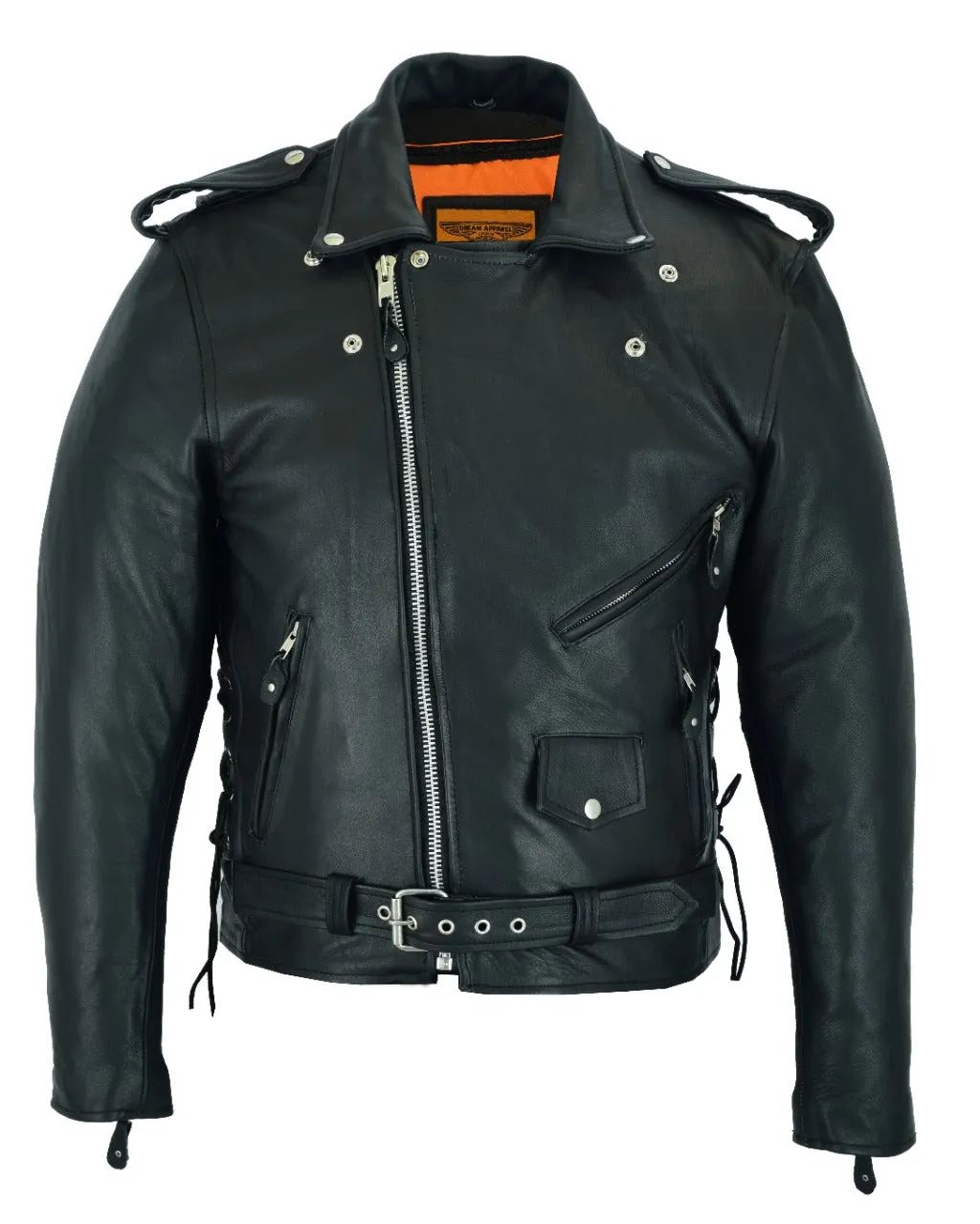 Mens Classic Police Style Motorcycle Jacket With Side Laces Silver Hardware