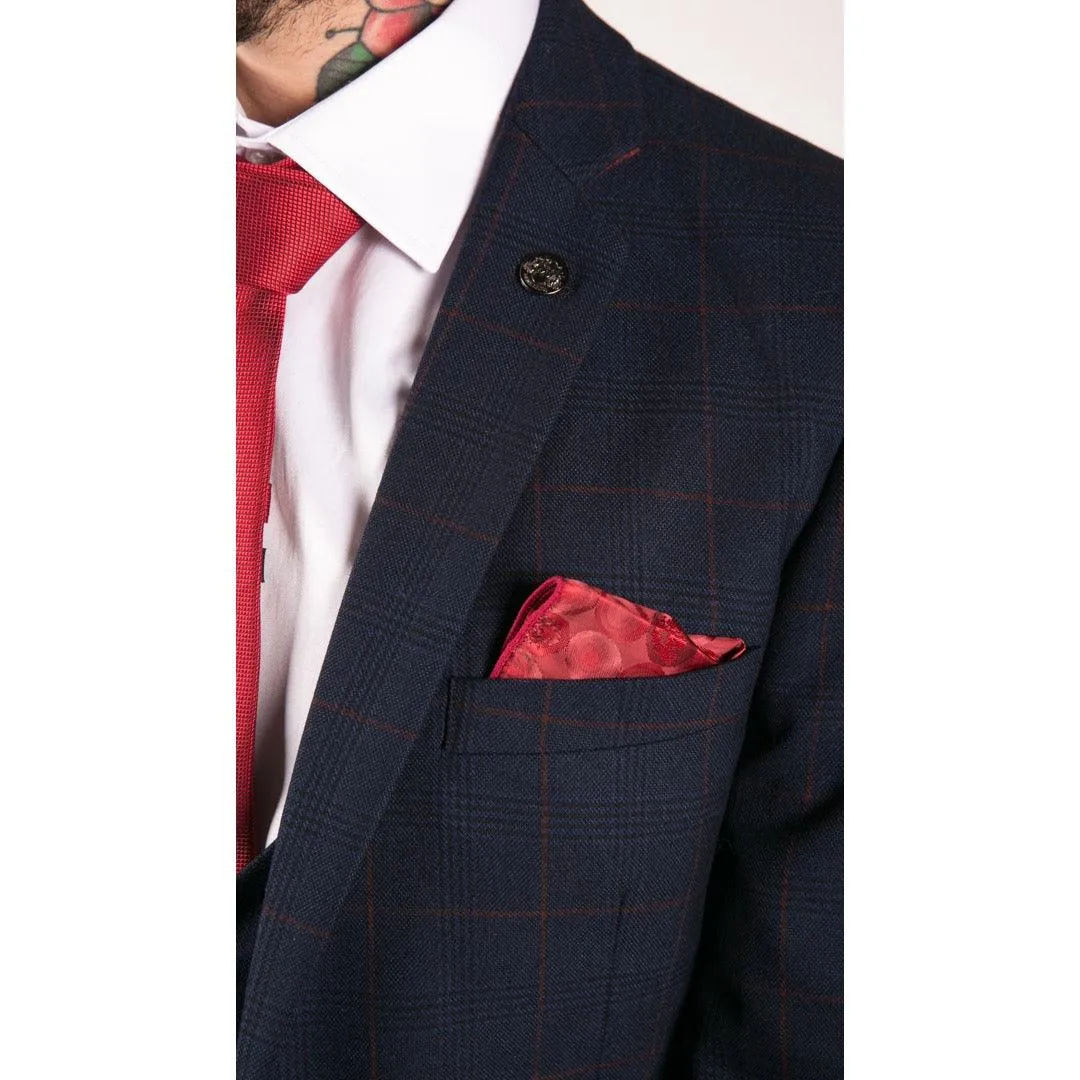 Mens Navy Check 3 Piece Suit Red Edinson Marc Darcy Classic Vintage Wedding