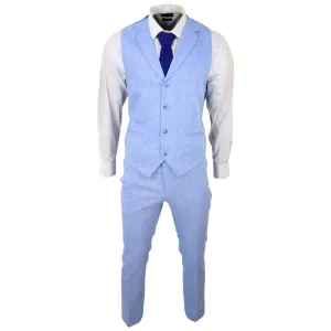 Mens Summer Suit Waistcoat Trousers Linen Smart Formal Royal Blue Wedding