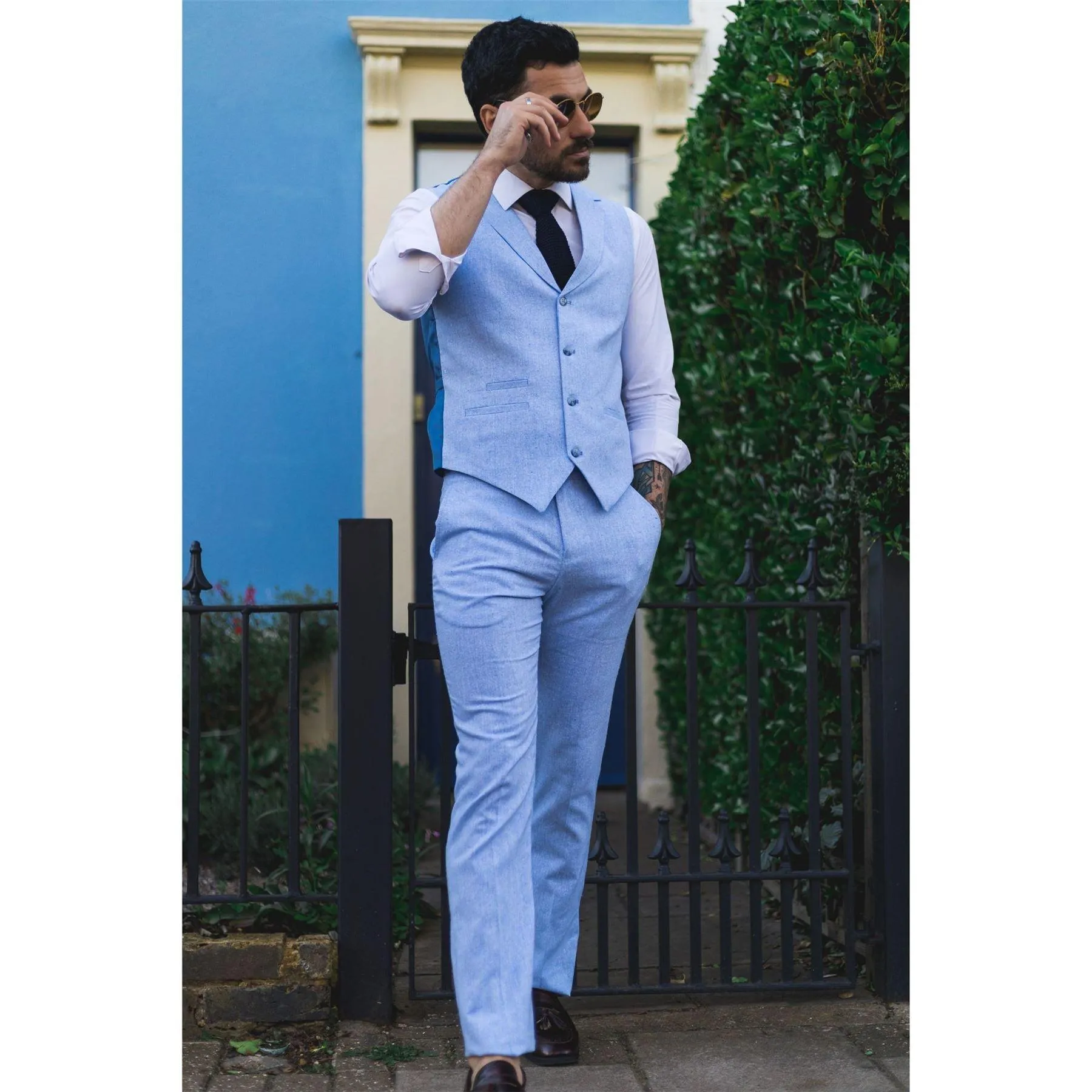 Mens Summer Suit Waistcoat Trousers Linen Smart Formal Royal Blue Wedding