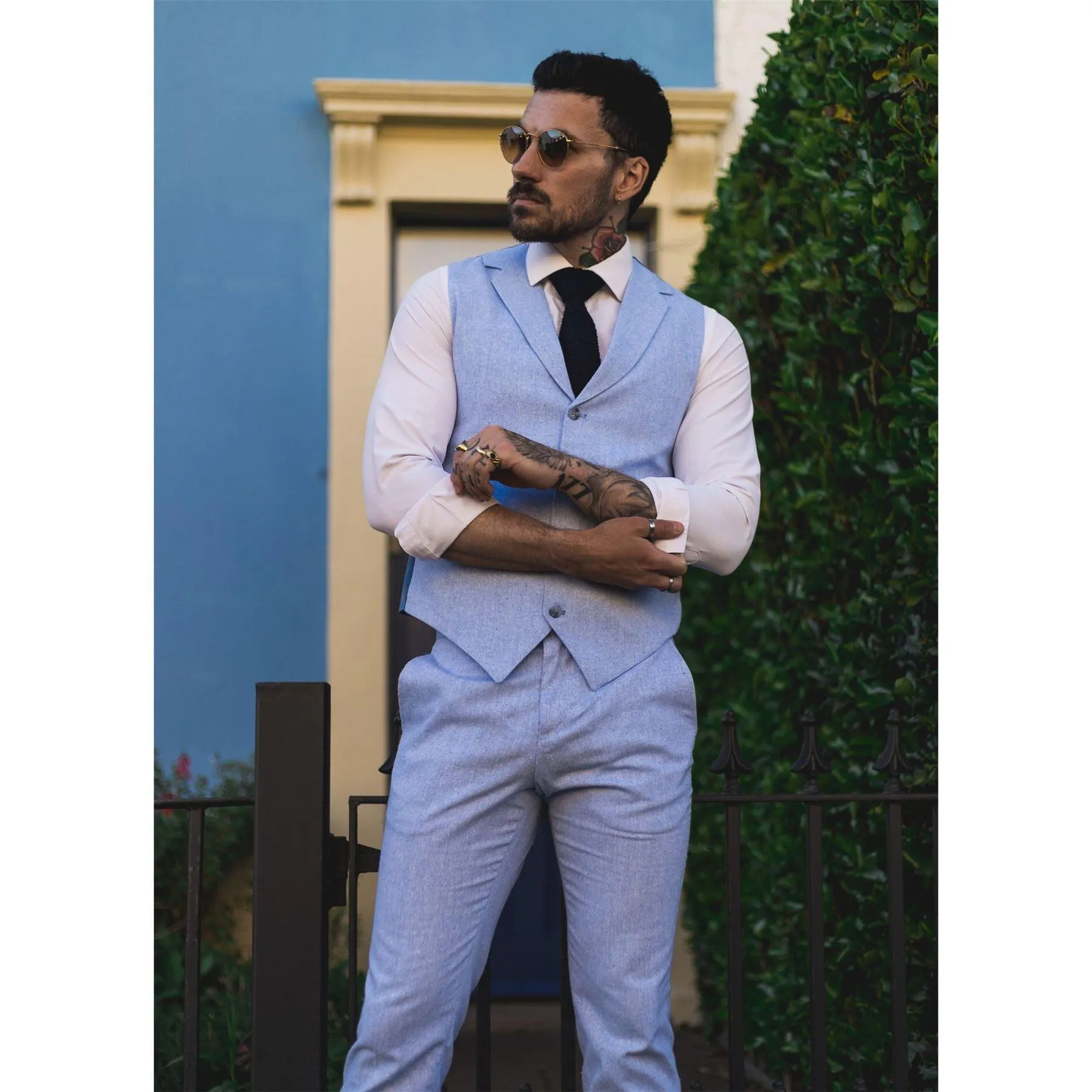 Mens Summer Suit Waistcoat Trousers Linen Smart Formal Royal Blue Wedding