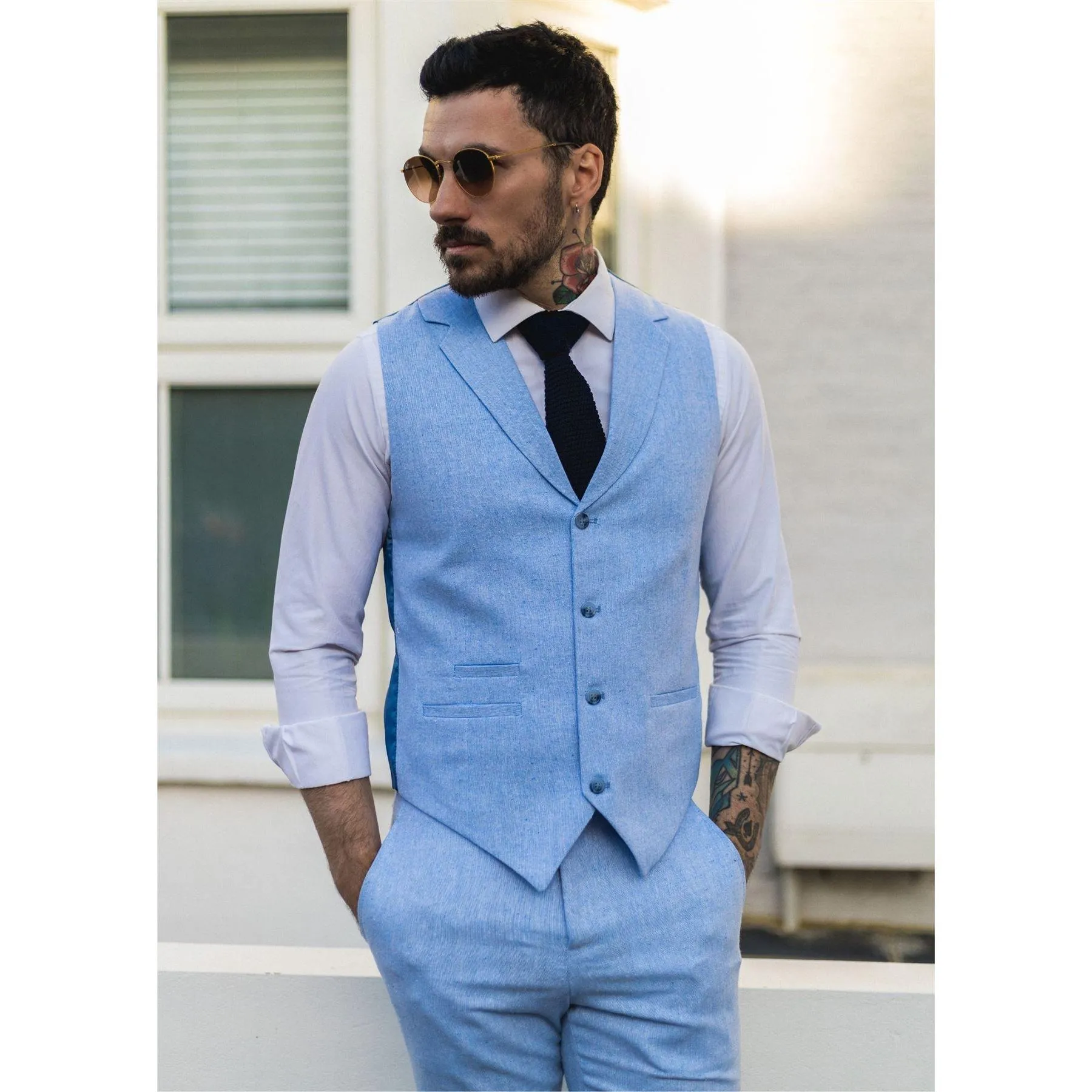 Mens Summer Suit Waistcoat Trousers Linen Smart Formal Royal Blue Wedding